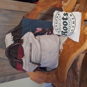 Roots Gray Dark Brown Leather Zippered Pockets Convertible Tote